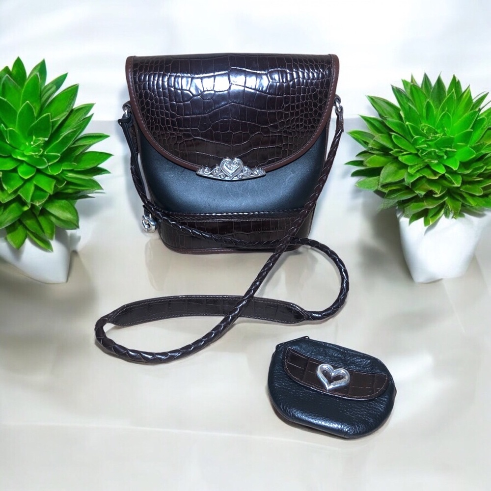 Brighton Brown & Black Crocodile Print Leather Bucket Crossbody w/ Coin Purse